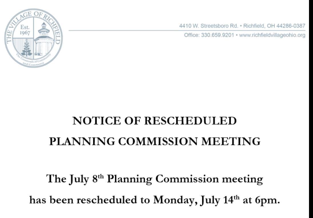 7-08-25 PZC Mtg Resheduled to 07-14-25